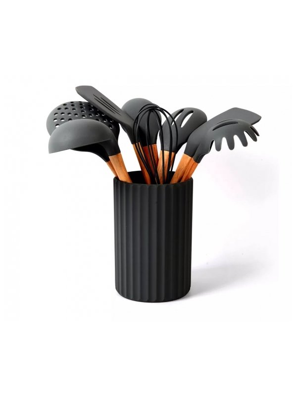Set 9 Piezas Carol Utensilios Silicona Mango Bambu C/ Contenedor