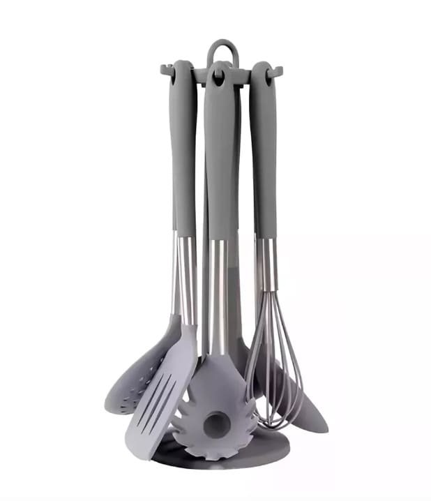 Set 7 pzas Negro: 6 utensilios de silicona y acero inoxidable + colgante giratorio en caja CAROL