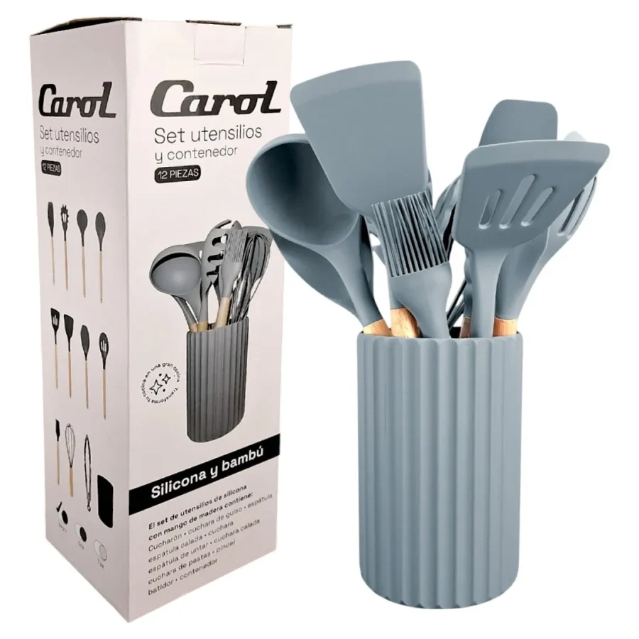 Set 12pzs Carol Utensilio Silicona Mango Bambu C/ Contenedor