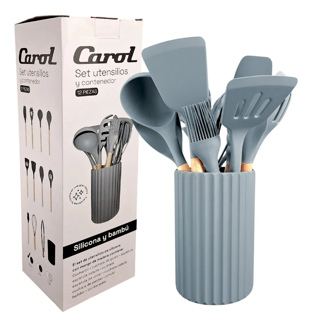 Set 12pzs Carol Utensilio Silicona Mango Bambu C/ Contenedor