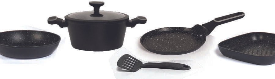 Set 6 pzas.: Cacerola 24cm - Sarten 24cm - Bifera 27cm - Panquequera 22cm -Espatula nylon (81730) CAROL