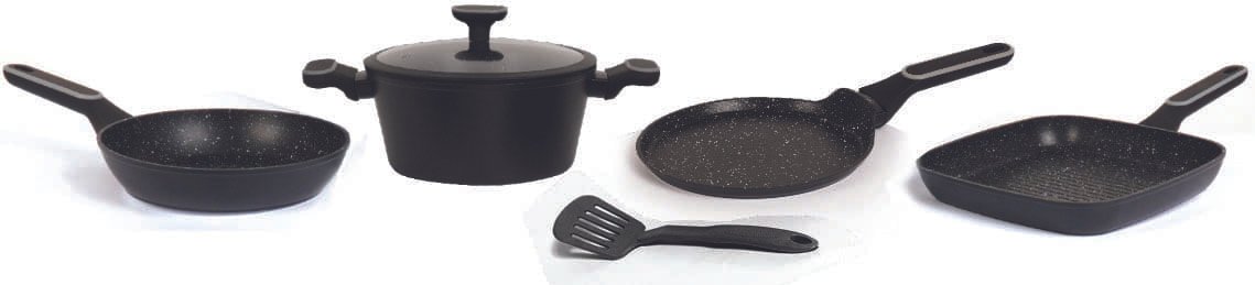 Set 6 pzas.: Cacerola 24cm - Sarten 24cm - Bifera 27cm - Panquequera 22cm -Espatula nylon (81730) CAROL