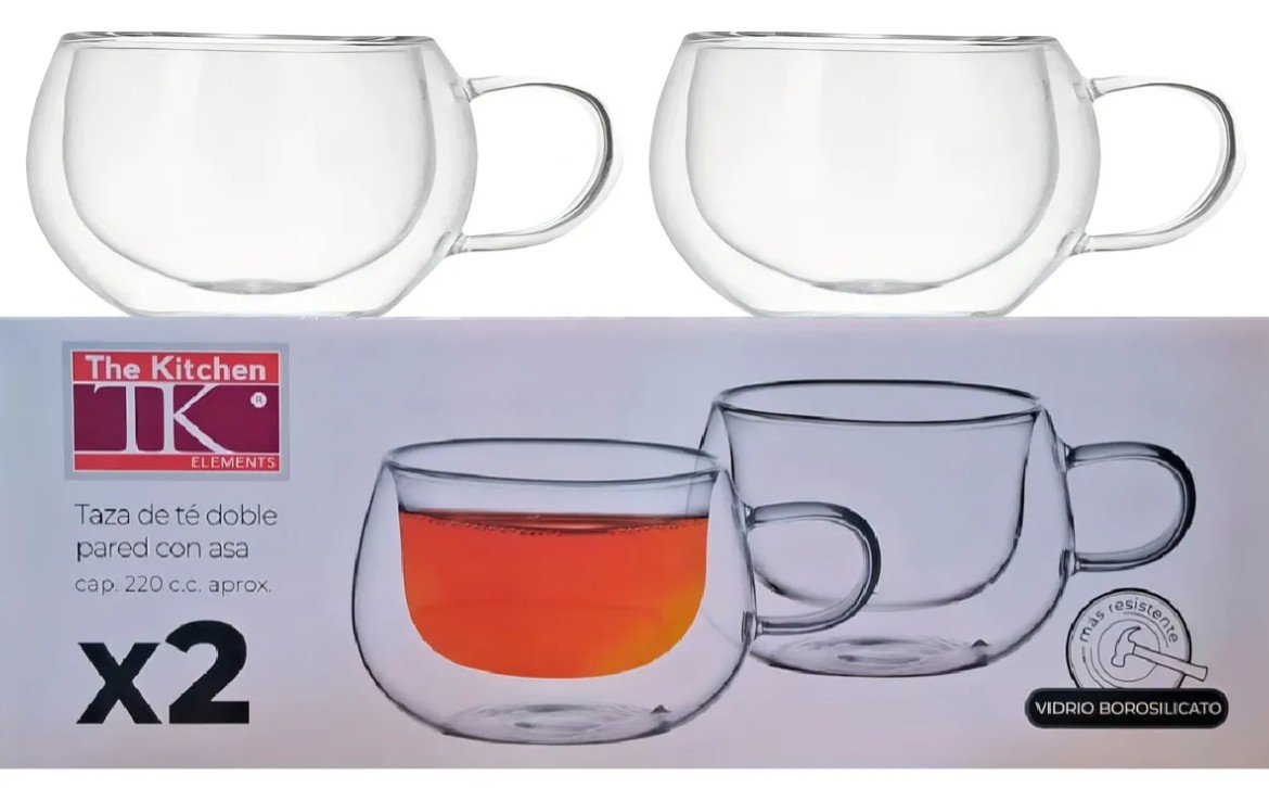 Set x2 Taza de Te Doble Pared 220cc c/Asa THE KITCHEN